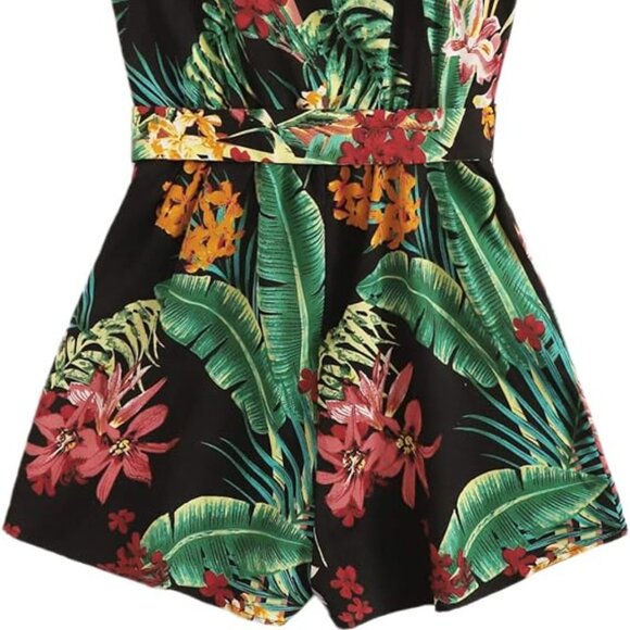 SweatyRocks Women's Floral Wrap V Neck Belted Jumpsuit Romper, XS - Picture 2 of 5